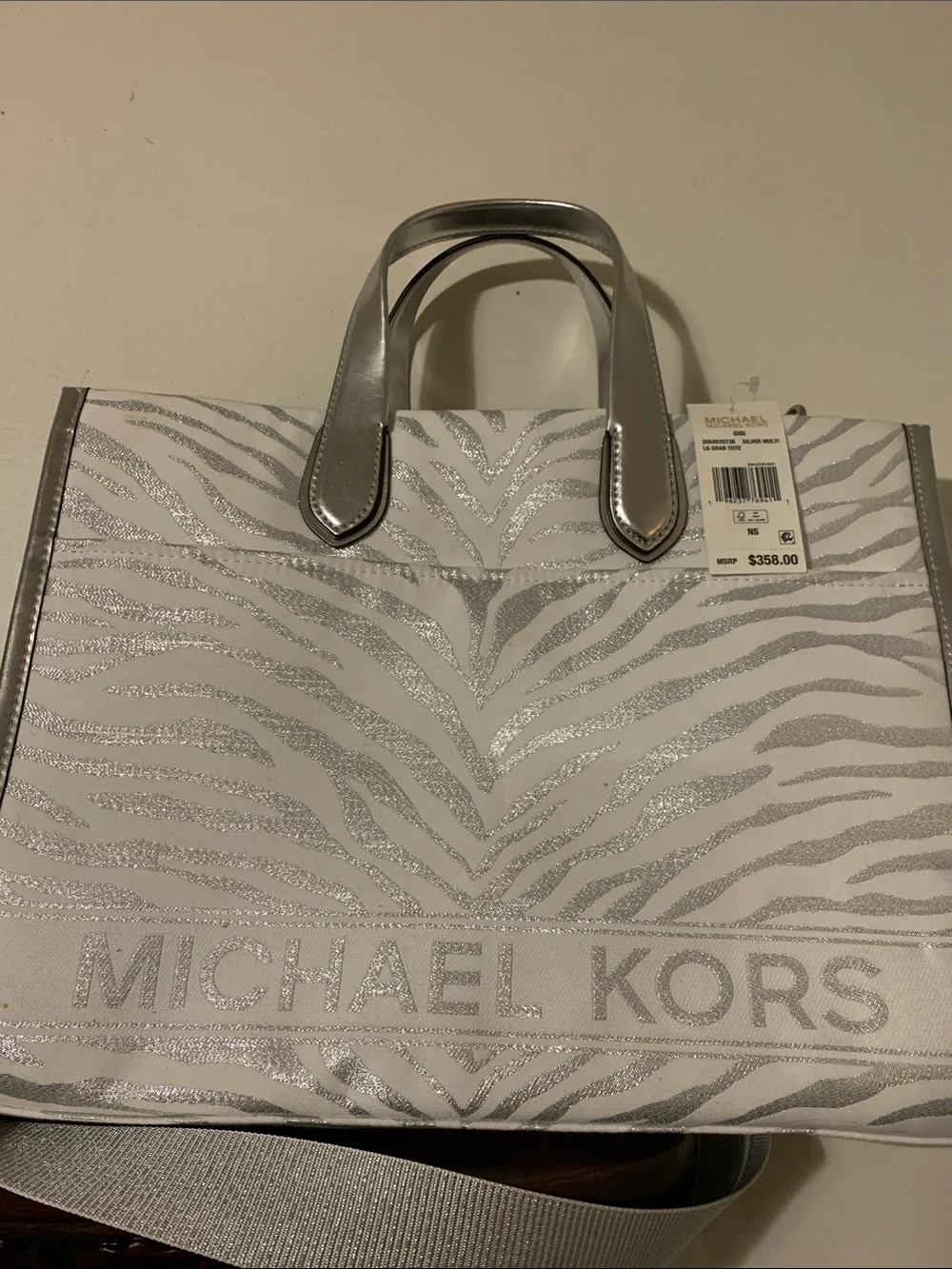 Michael Kors Silver Glitter Zebra Tote